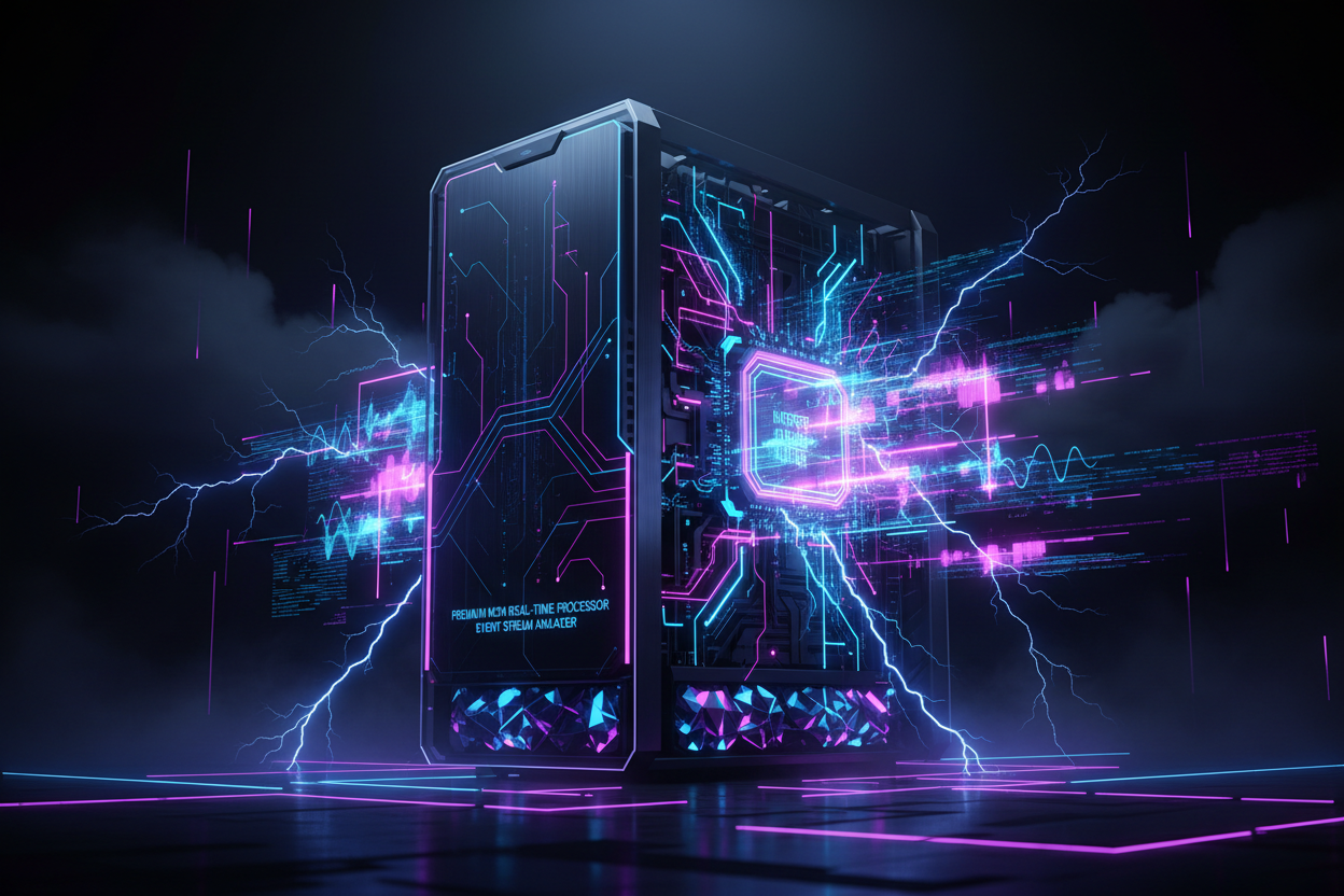 Thunder M2M Real-Time Event Processor - Dark neon cyber visualization
